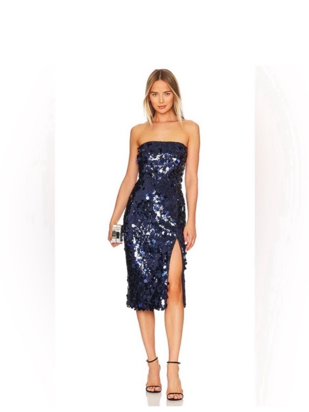 Amanda Uprichard Strapless Navy Sequin Midi Dress with Side Slit